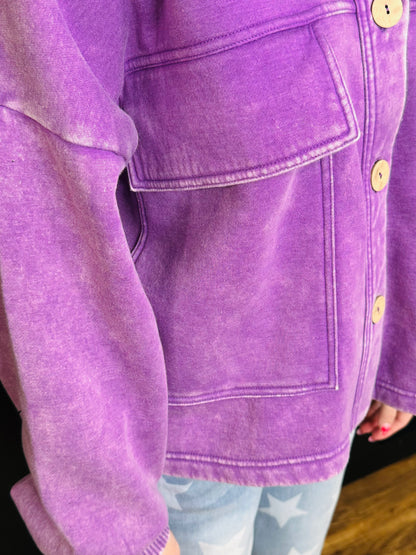 Acid Washed Cropped Shacket-Violet