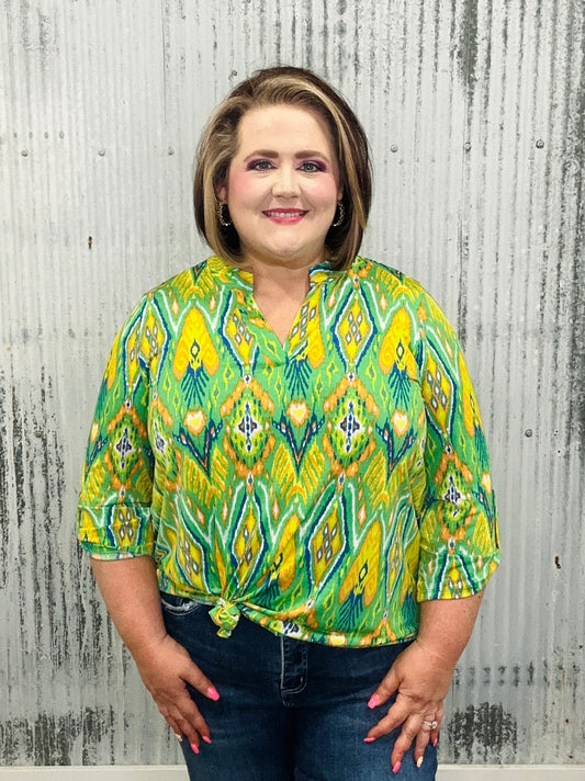 Vibrant Ikat Print Roll-Tab Sleeve Lizzy Top
