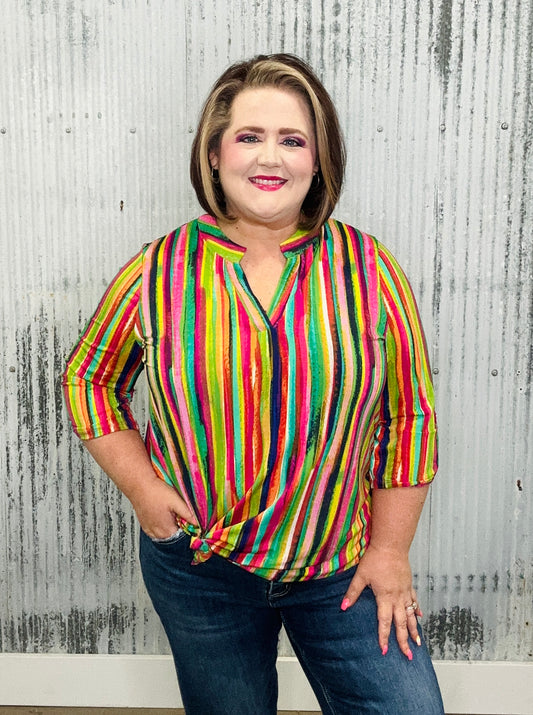 Multicolor Striped V-Neck Lizzy Top with Roll-Tab Sleeves