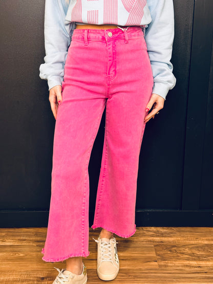 Acid Washed High Waist Frayed Hem Pants-Hot Pink