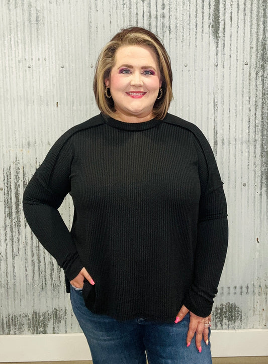 Black Ribbed Long Sleeve Top