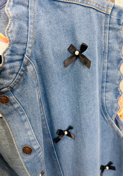 Acid Washed Denim Vest with Bow Accents