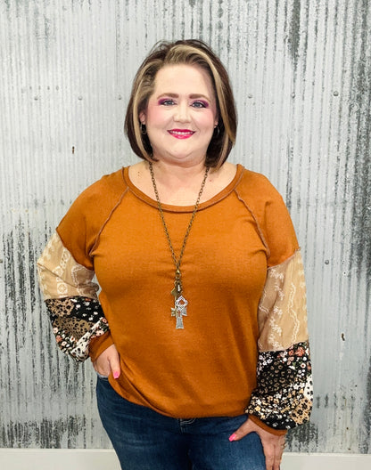 Harvest Blooms Patchwork Sleeve Top