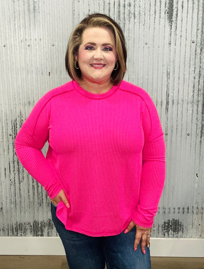 Hot Pink Ribbed Long Sleeve Top