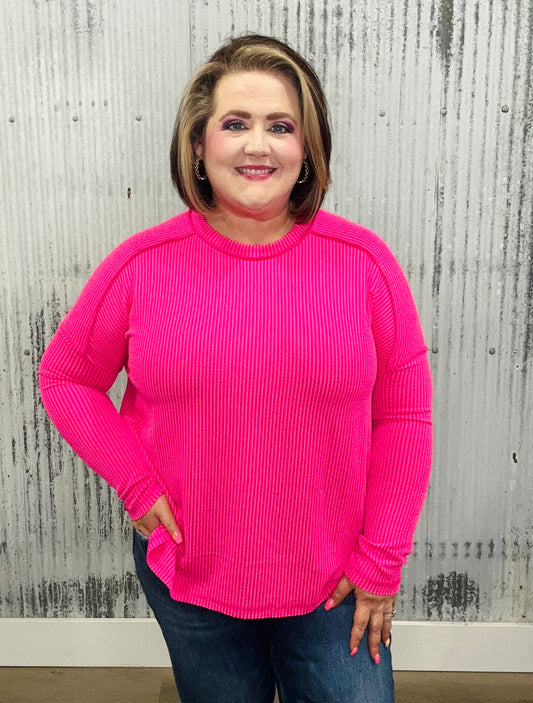 Hot Pink Ribbed Long Sleeve Top