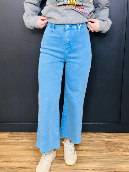 Acid Washed High Waist Frayed Hem Pants-Ocean Blue