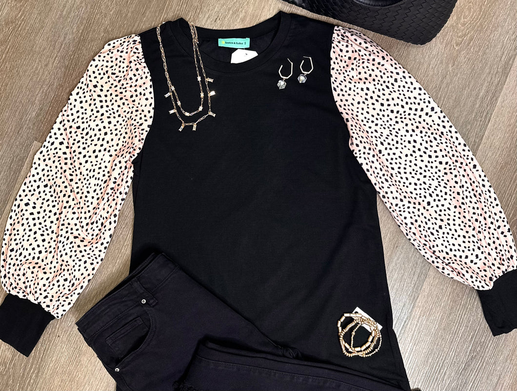 Black Top w/Geometric Print Long Sleeves