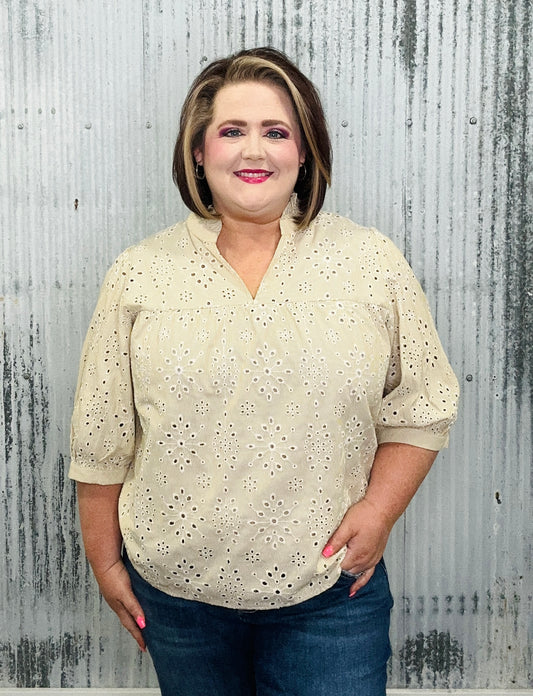 Taupe Eyelet Pinstripe Top