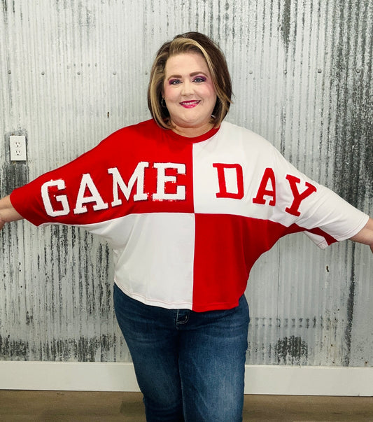 Game Day Red & White Color Block Oversized Top