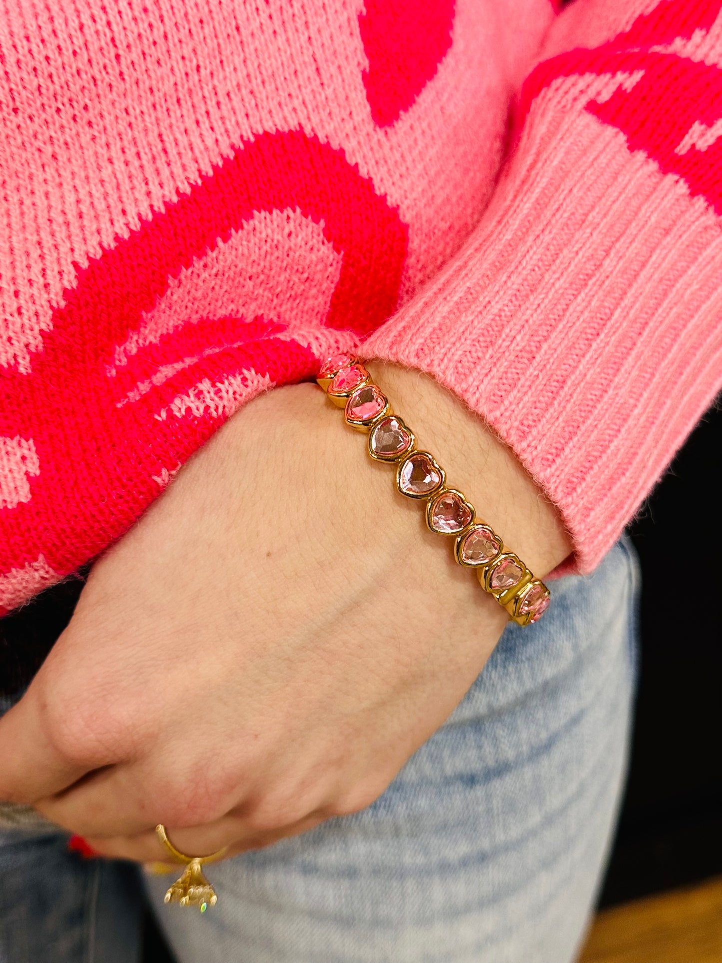 Heart Shaped Rhinestone Stretchy Bracelet-Pink