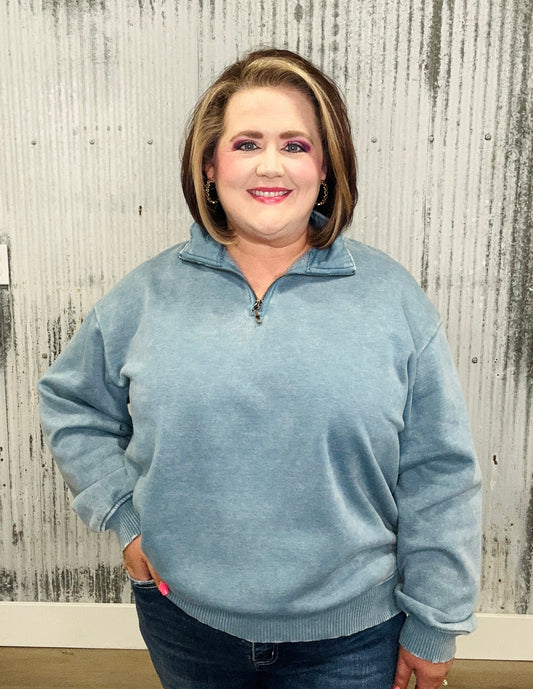 Acid Washed Fleece Half Zip Pullover-Blue Grey
