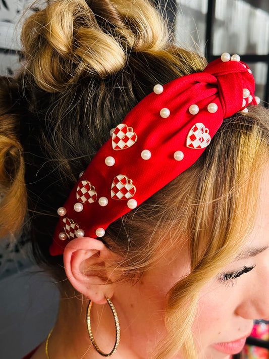 Knotted Pearl/Checker Heart Charm Headband-Red