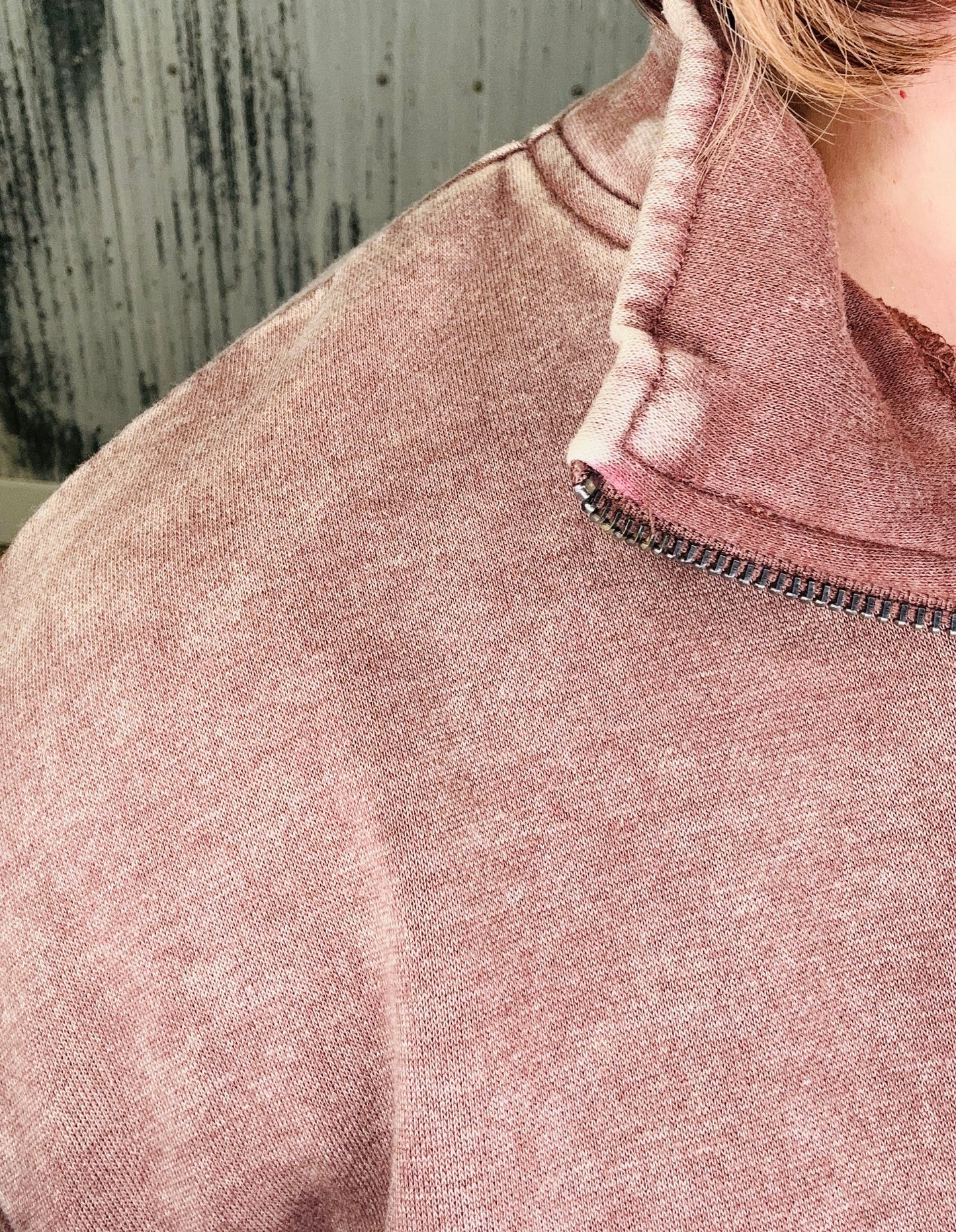 Acid Washed Fleece Half Zip Pullover-Brown