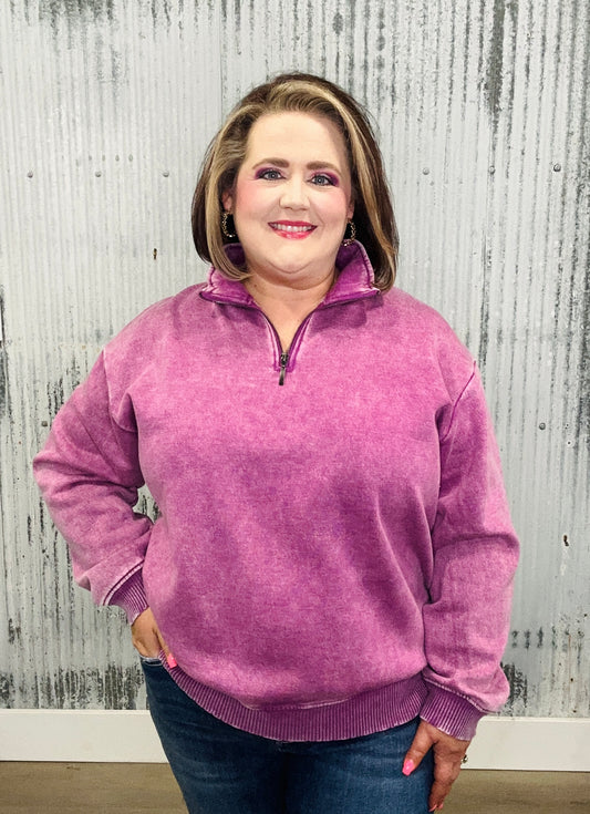 Acid Washed Fleece Half Zip Pullover-Plum