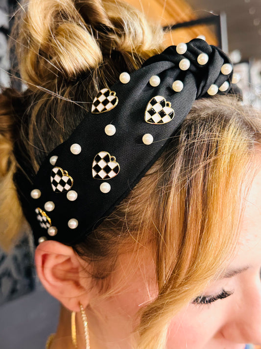 Knotted Pearl/Checker Heart Charm Headband-Black