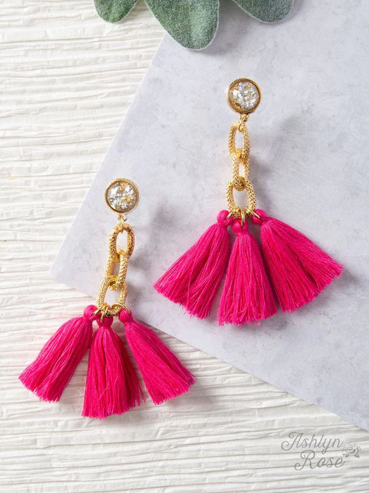 Gold Chain Tassel Earrings-Pink