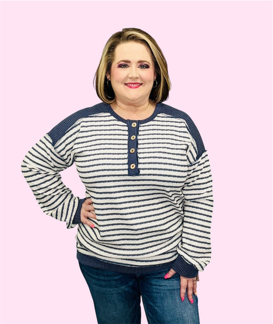 Nautical Striped Button Henley Pullover