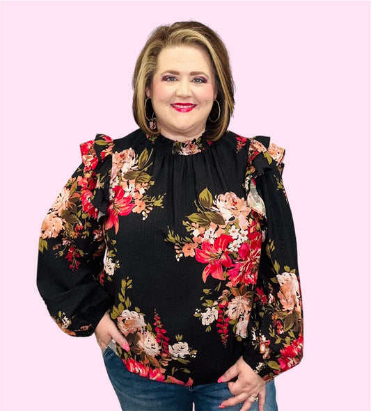 Black Floral Smocked Neck Top