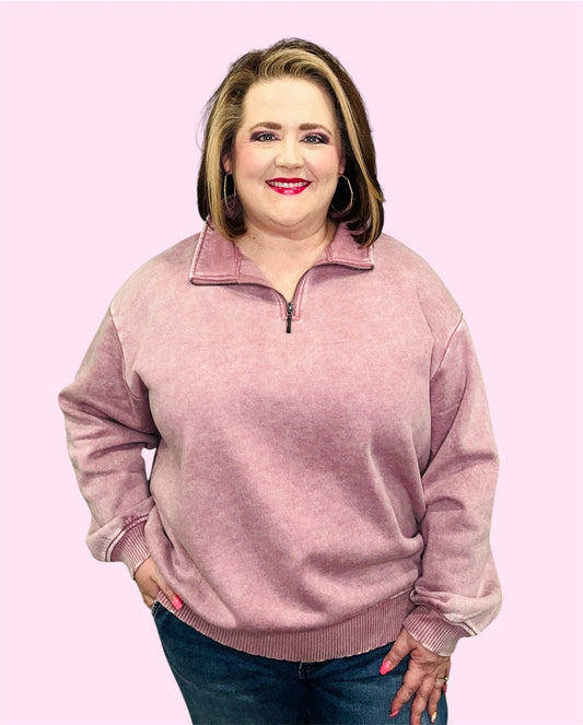 Acid Washed Fleece Half Zip Pullover-Lt. Rose