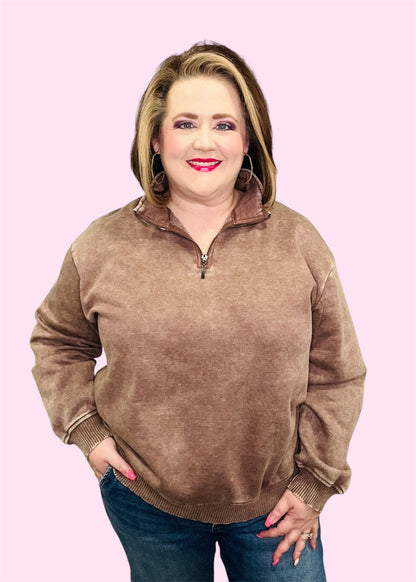 Acid Washed Fleece Half Zip Pullover-Brown