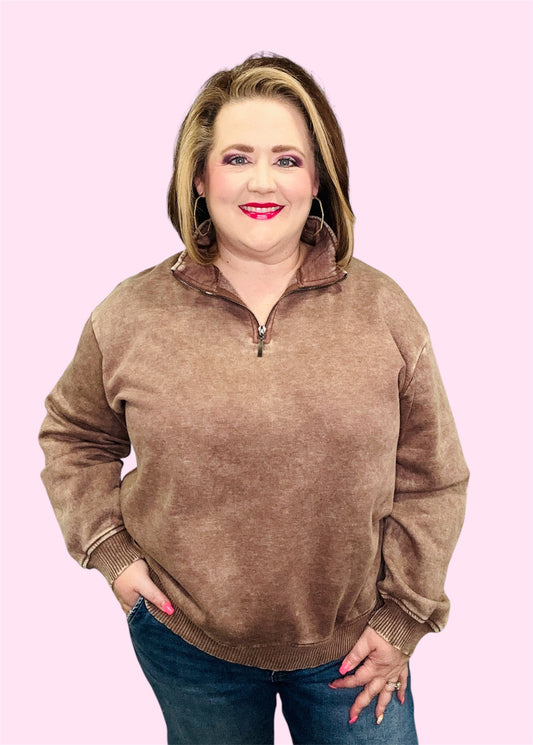 Acid Washed Fleece Half Zip Pullover-Brown