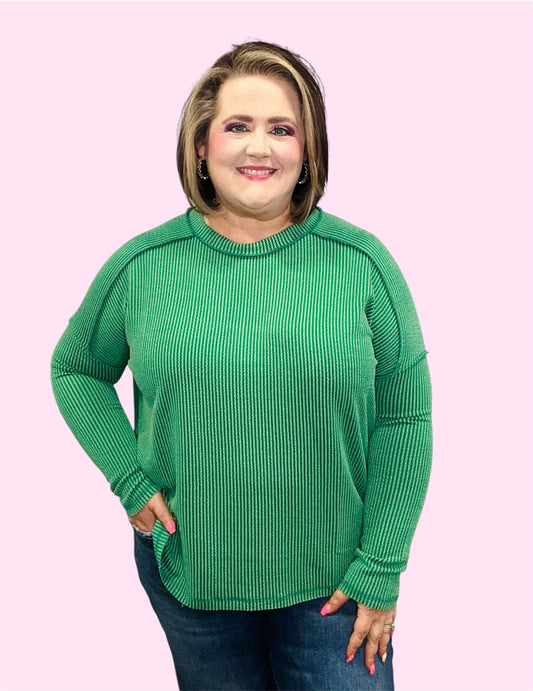 Dark Green Ribbed Long Sleeve Top