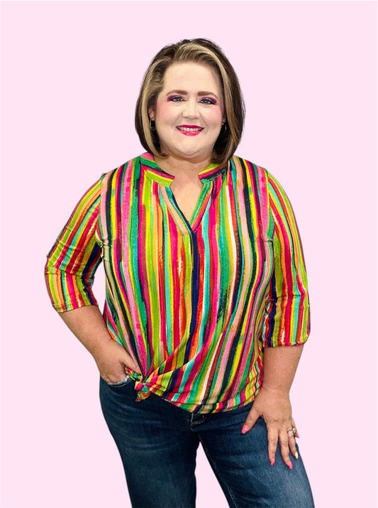 Multicolor Striped V-Neck Lizzy Top with Roll-Tab Sleeves