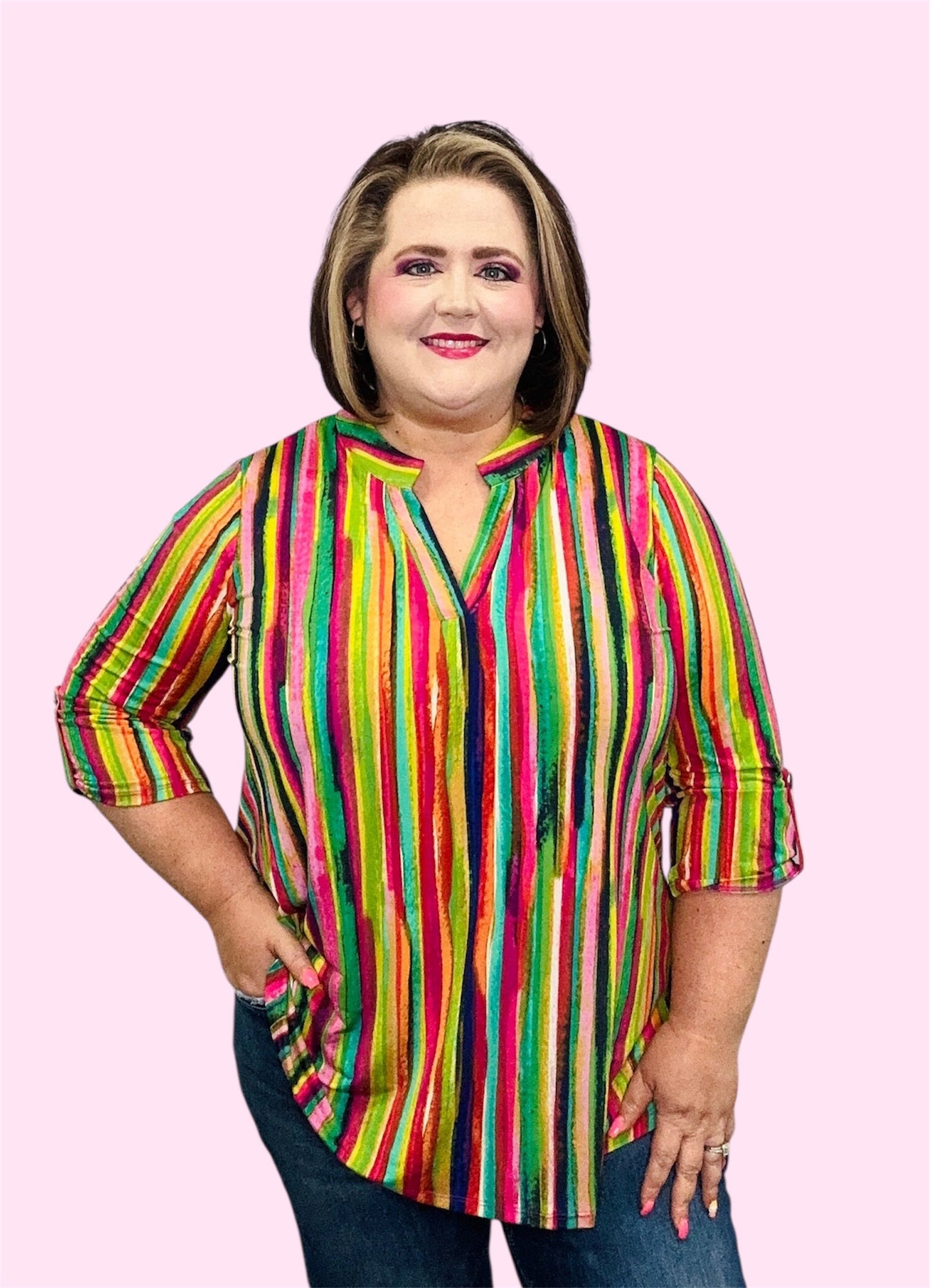 Multicolor Striped V-Neck Lizzy Top with Roll-Tab Sleeves