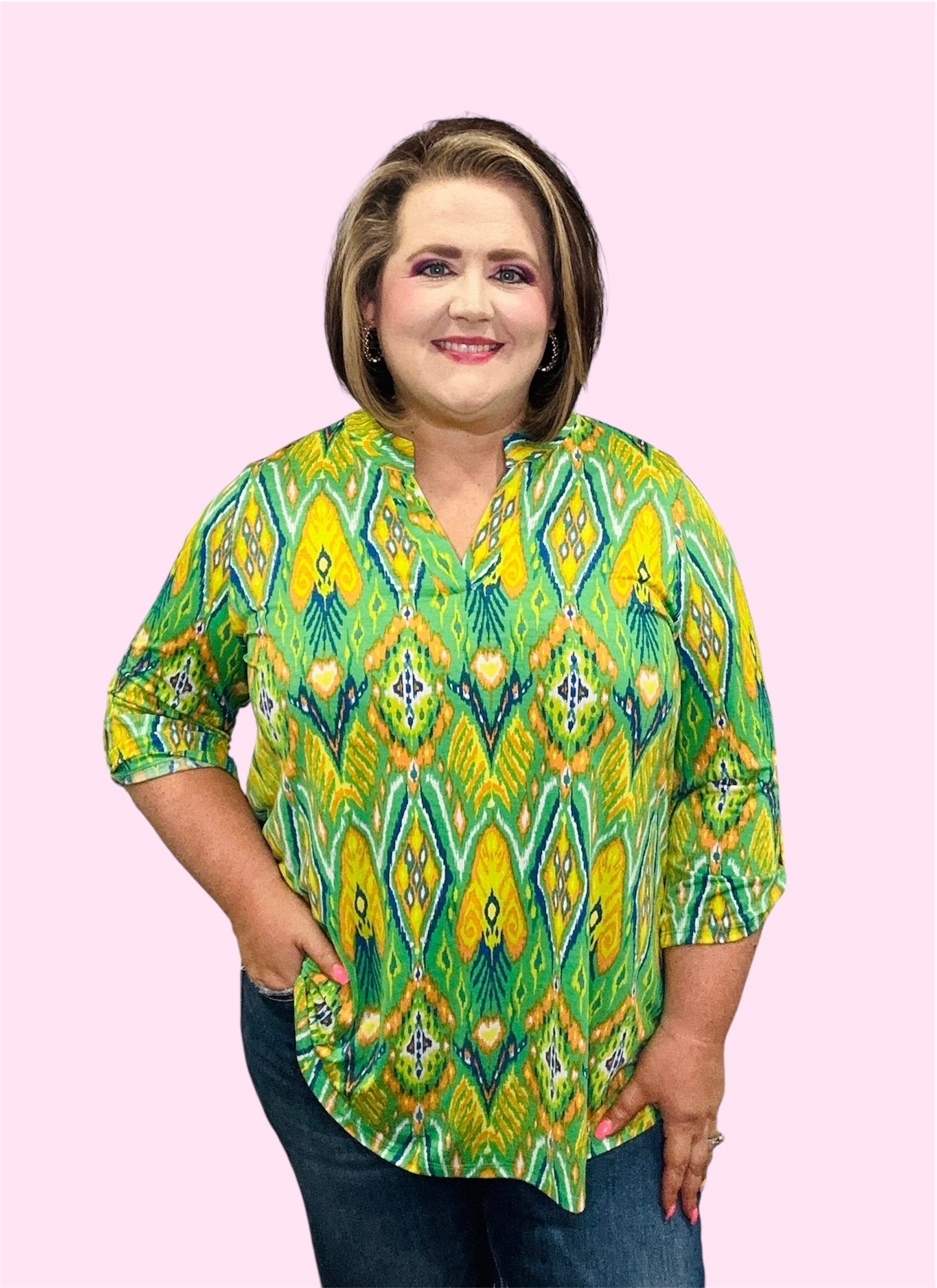 Vibrant Ikat Print Roll-Tab Sleeve Lizzy Top