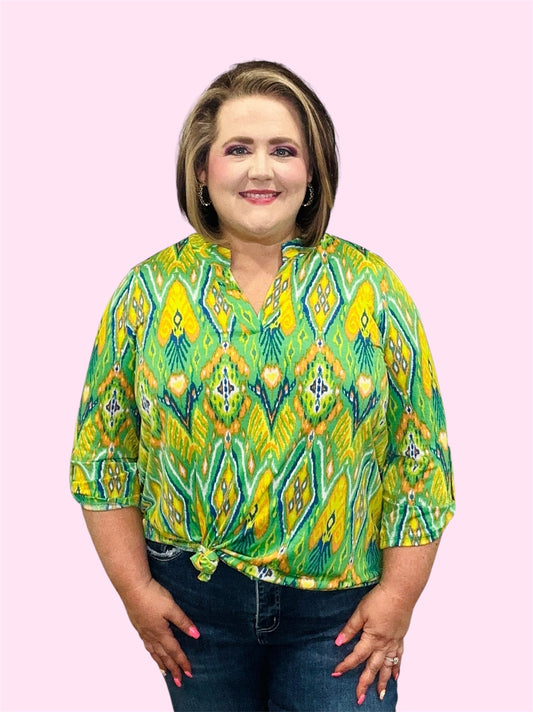 Vibrant Ikat Print Roll-Tab Sleeve Lizzy Top