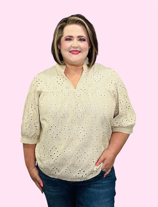 Taupe Eyelet Pinstripe Top