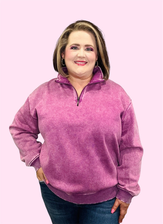 Acid Washed Fleece Half Zip Pullover-Plum