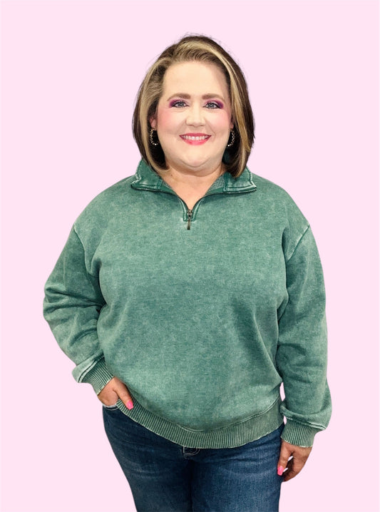 Acid Washed Fleece Half Zip Pullover-Green
