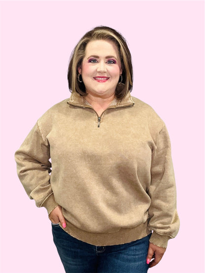 Acid Washed Fleece Half Zip Pullover-Camel