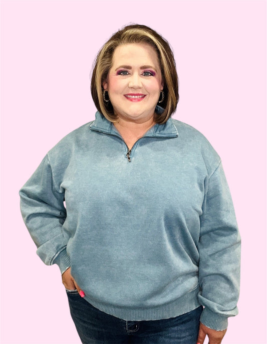 Acid Washed Fleece Half Zip Pullover-Blue Grey