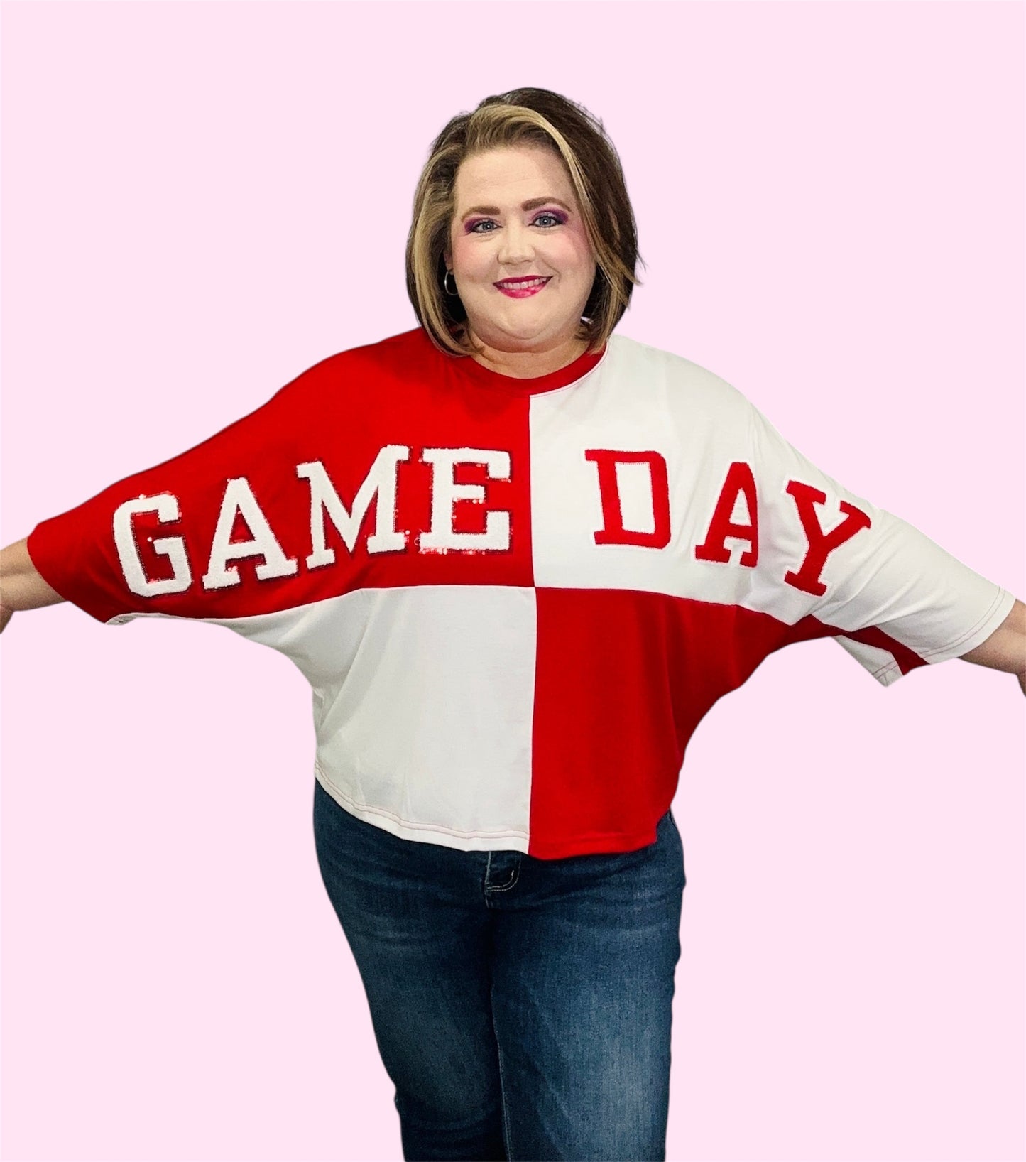 Game Day Red & White Color Block Oversized Top