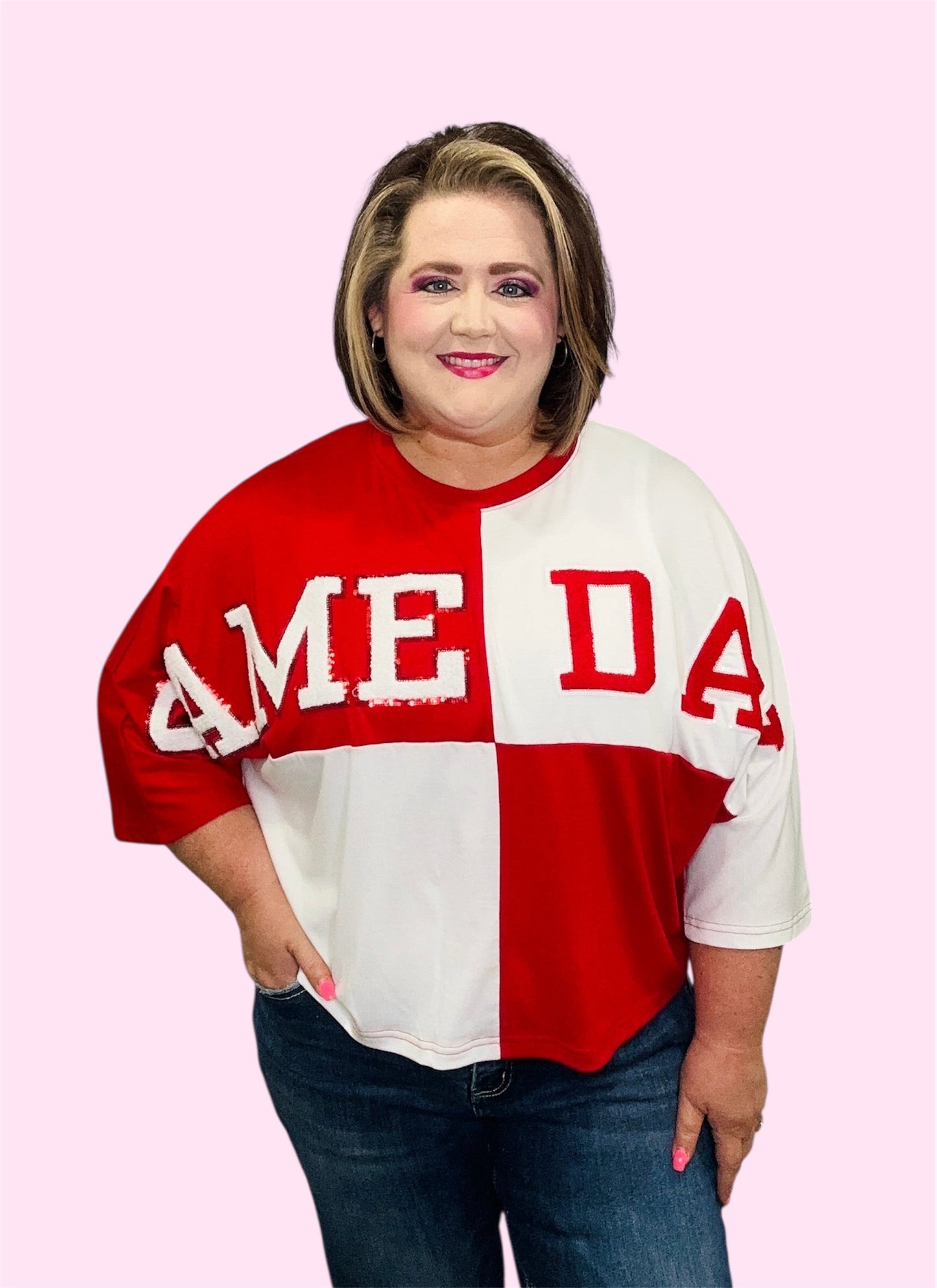 Game Day Red & White Color Block Oversized Top