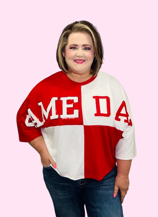 Game Day Red & White Color Block Oversized Top