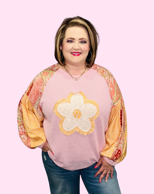 Patchwork Daisy Waffle Knit Top