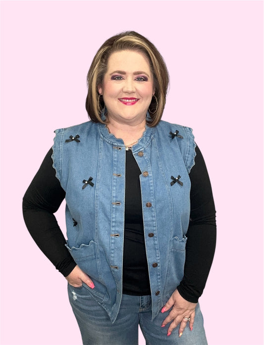 Acid Washed Denim Vest with Bow Accents