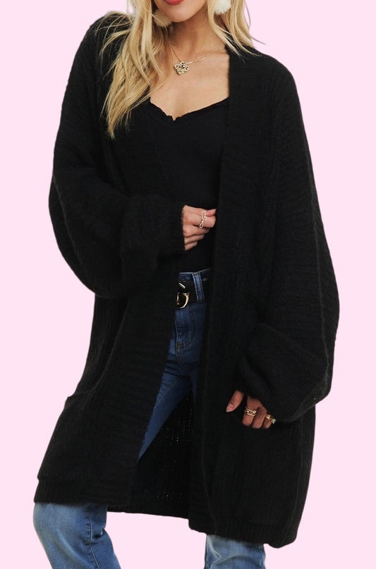 Open Front Casual Sweater Cardigan-Black