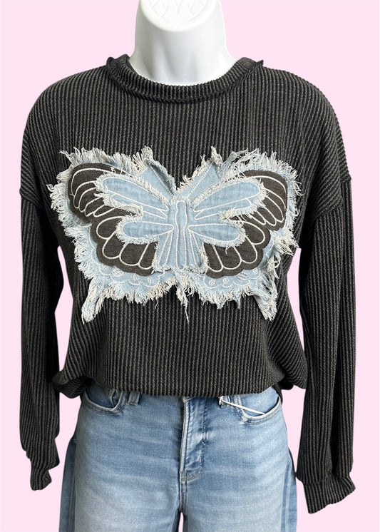 Charcoal Ribbed Butterfly Patch Top