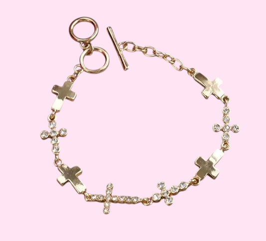 Gold Cross and Rhinestone Studded Bracelet