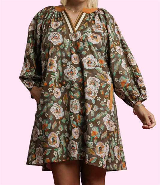 Olive Mix Floral Cotton Dress