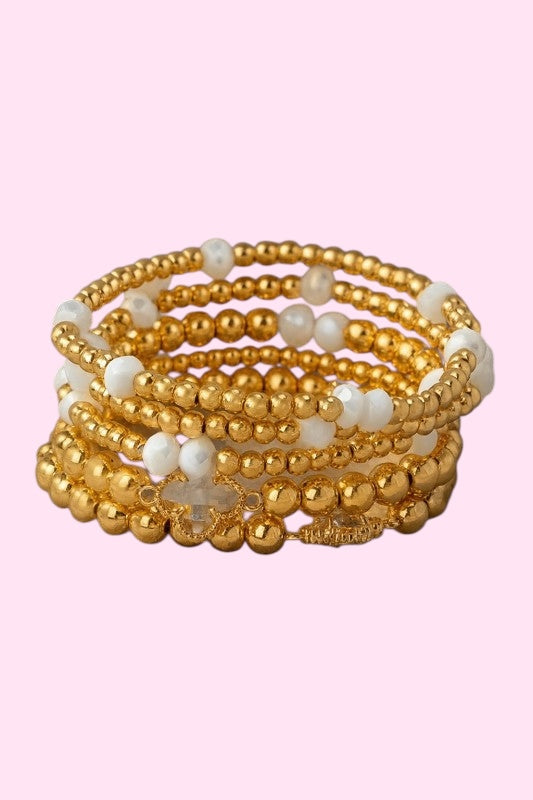 Gold & White Beaded Bracelet Set
