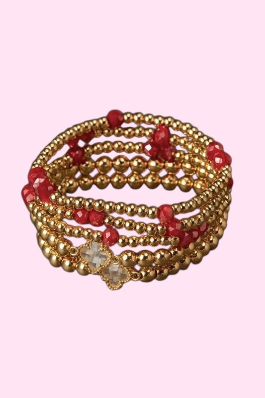 Gold & Red Beaded Bracelet Set