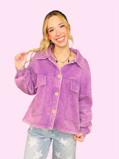 Acid Washed Cropped Shacket-Violet