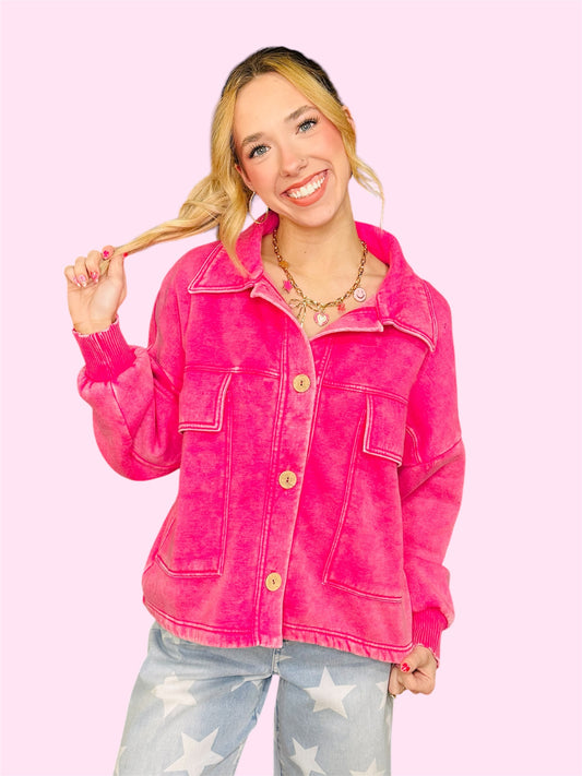 Acid Washed Cropped Shacket-Hot Pink