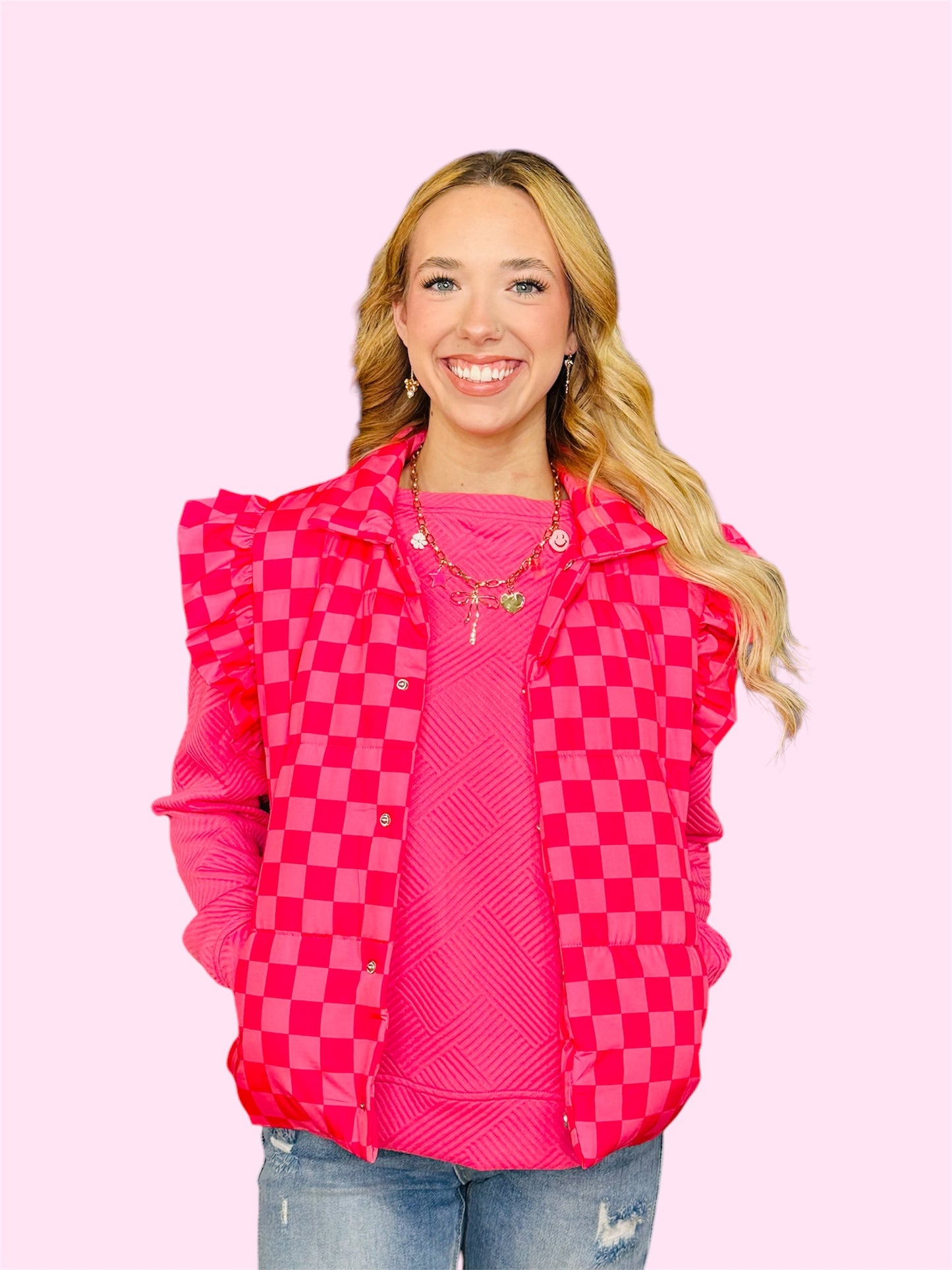 Pink Checkered Puffer Vest