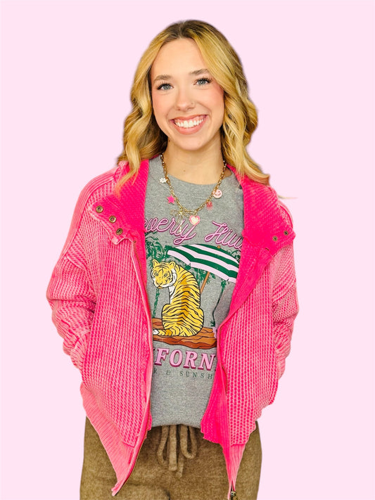 Acid Washed Cotton Waffle Hooded Jacket-Fuchsia